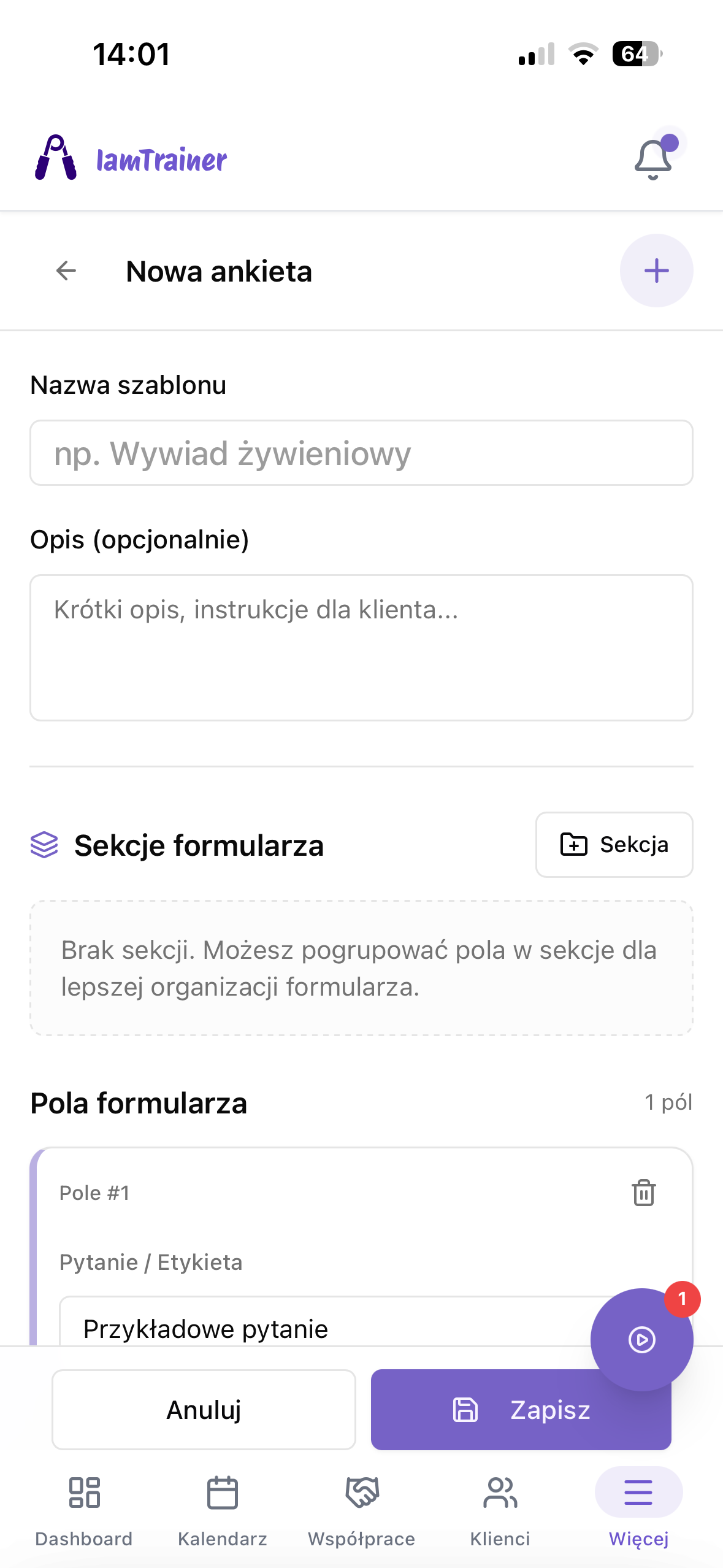 Kreator ankiety i wywiadu klienta w aplikacji IamTrainer