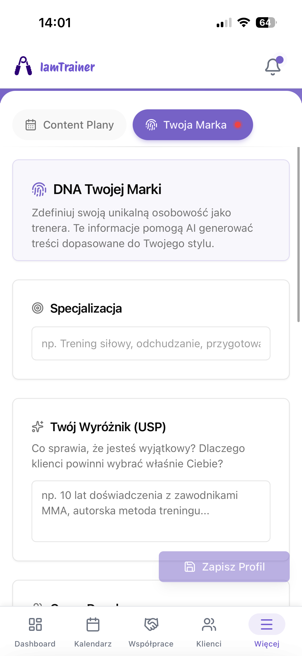 Content Studio i DNA marki trenera w aplikacji IamTrainer