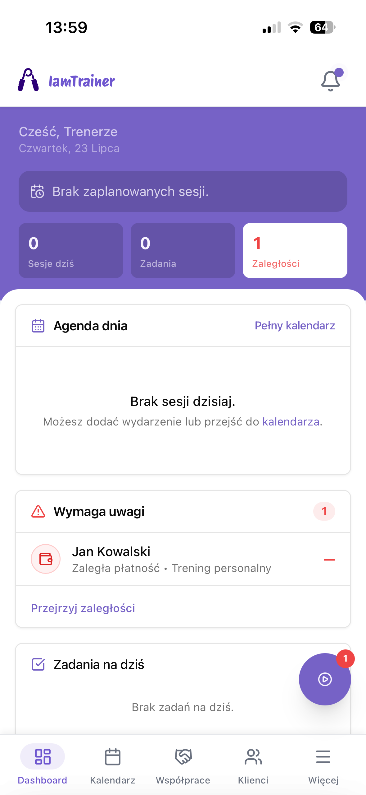 Pulpit aplikacji IamTrainer z agendą dnia i powiadomieniem o zaległej płatności