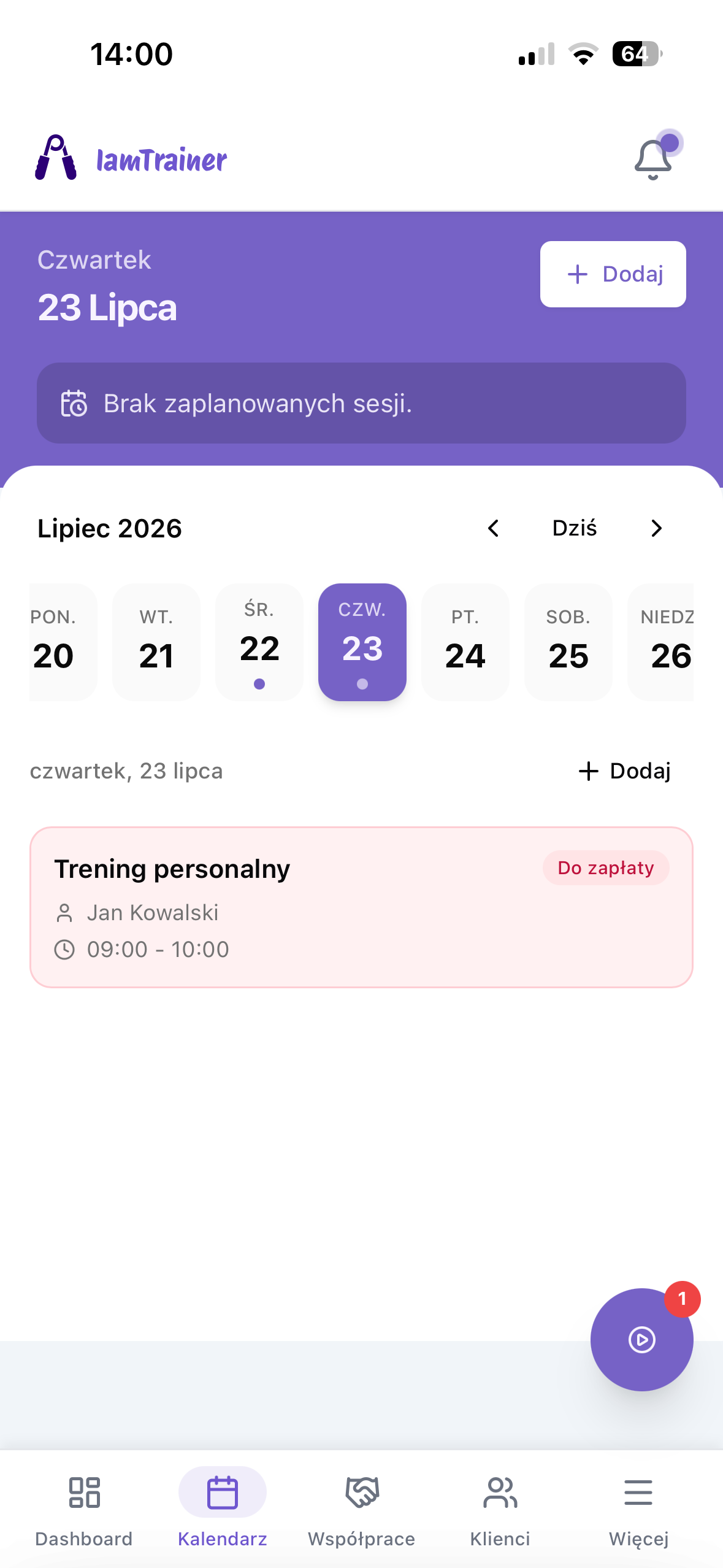 Kalendarz sesji w aplikacji IamTrainer