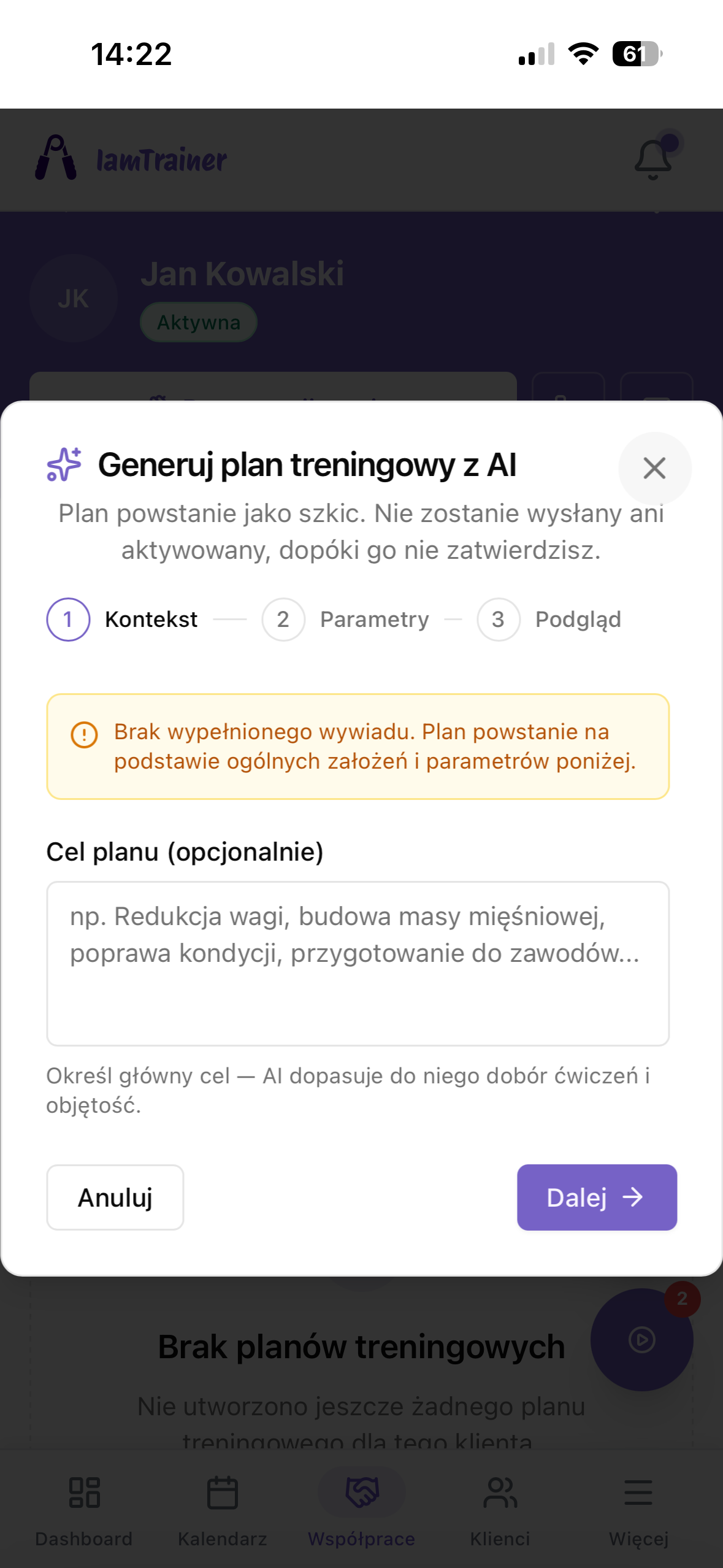 Kreator generowania planu treningowego z AI w aplikacji IamTrainer