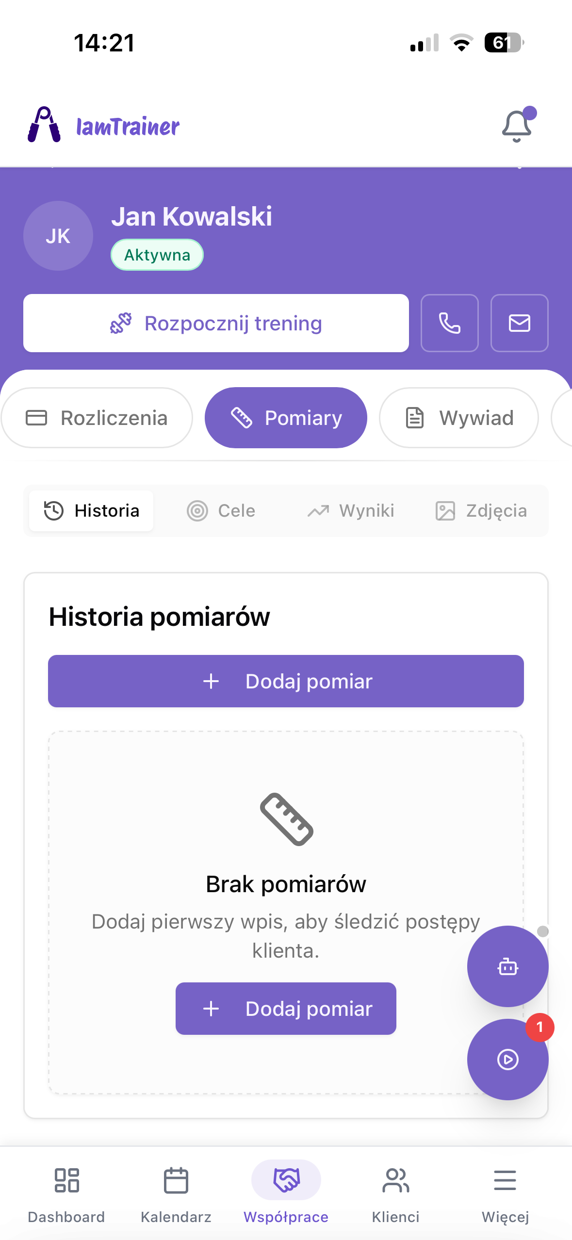 Historia pomiarów i postępów klienta w aplikacji IamTrainer