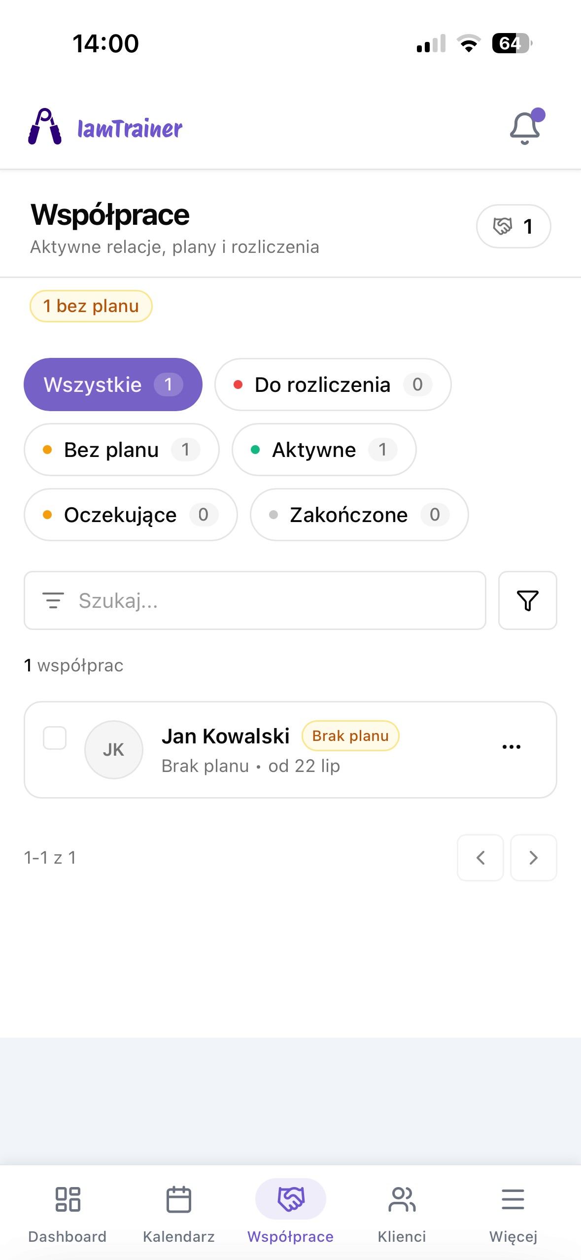 Lista współprac z filtrami w aplikacji IamTrainer
